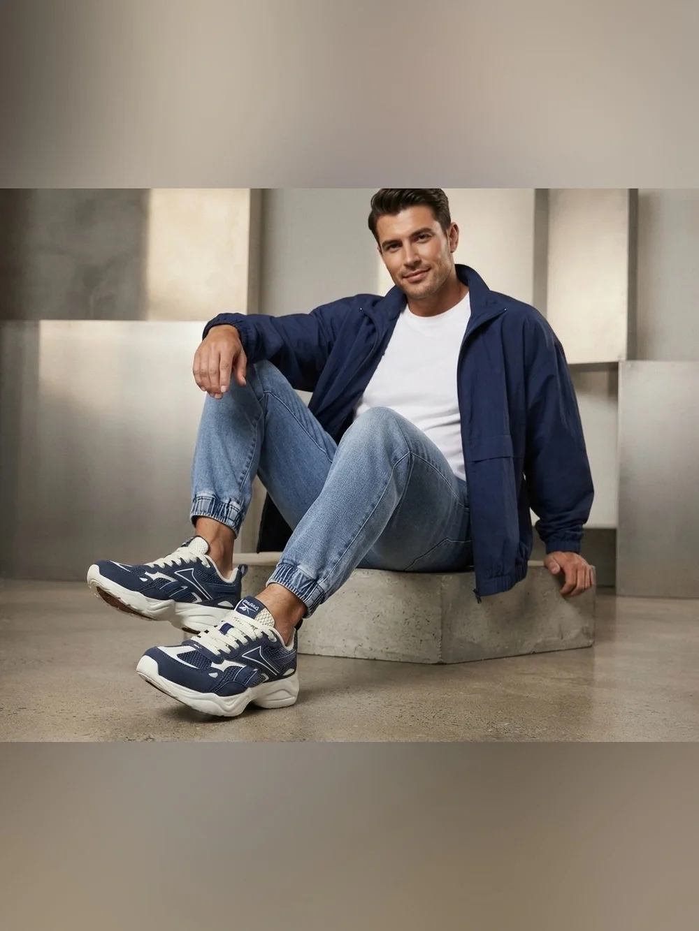 Reebok Navy and White Chunky Runner Sneaker, size 6.5